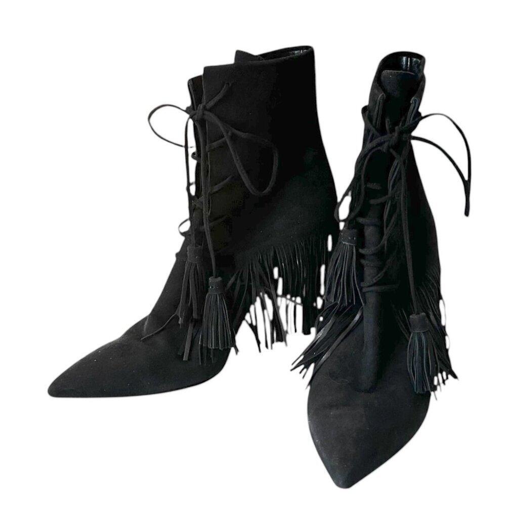 AQUAZZURA Mustang 105 Fringe Heeled Ankle Boots In Black Suede, Size 37 EU